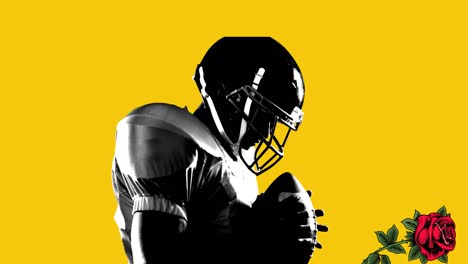 animation of red roses falling over male american football player with ball on yellow background