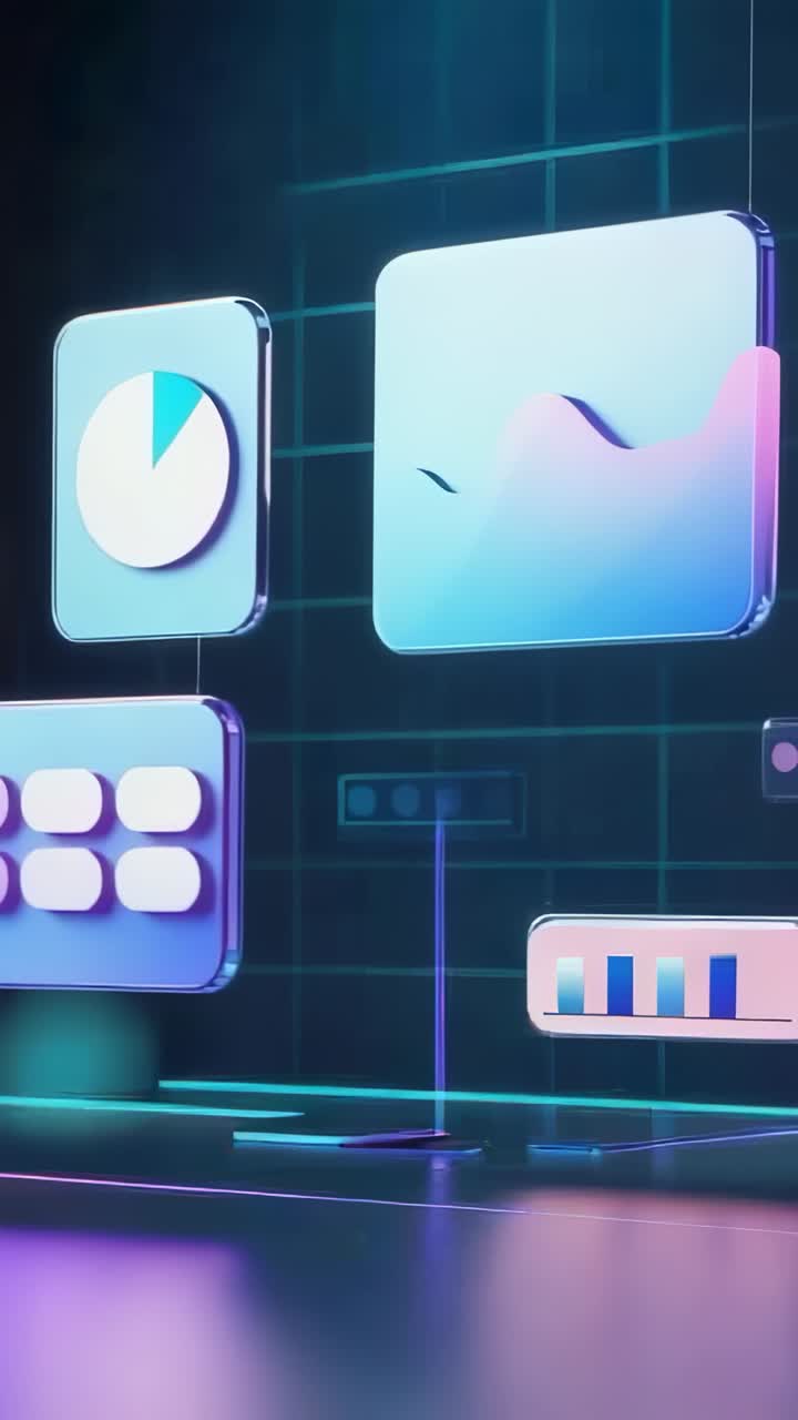 Vertical video: Loop starting four floating data panels pulsing in neon grid showing chart shifts