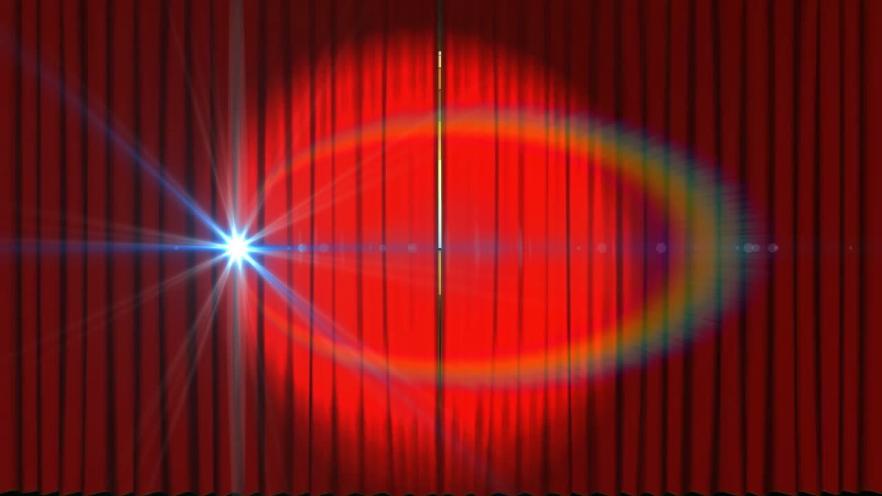 Animation af røde gardiner, der åbner over en guldspejlkugle og lys på mørk baggrund