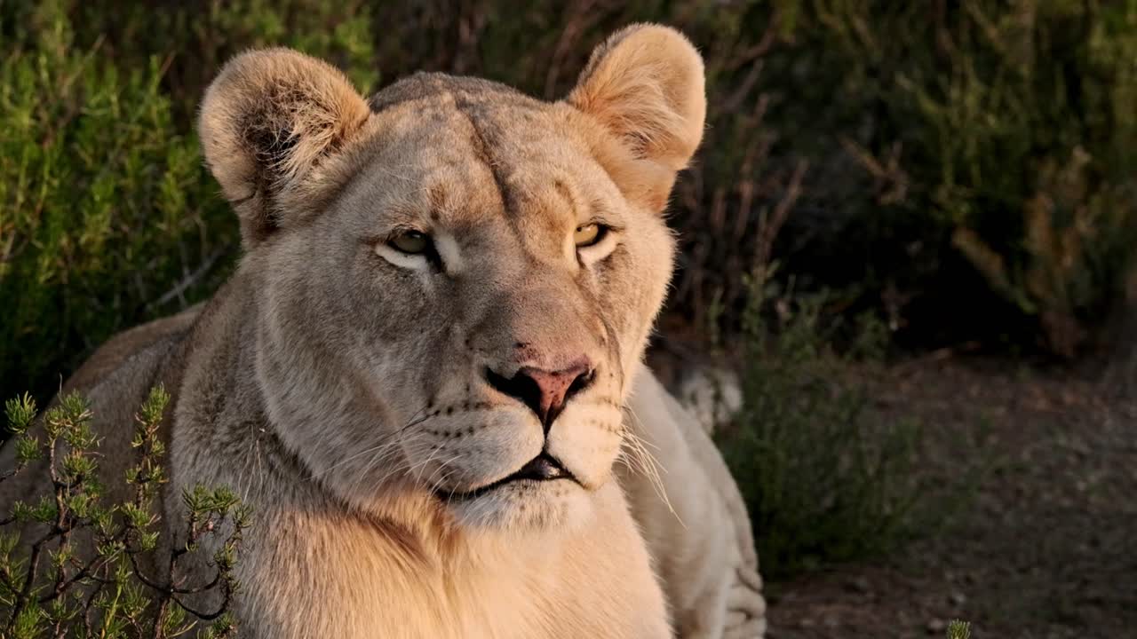 leeuwin ligt in struiken en kijkt aandachtig naar iets in het warme avondlicht.