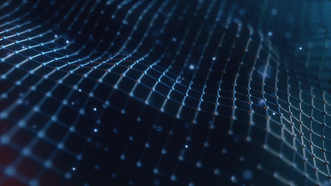 Abstract mesh with wave motion and depth of field. Connected data nodes. Artificial Intelligence. Virtual global network. Seamless loop 3d render