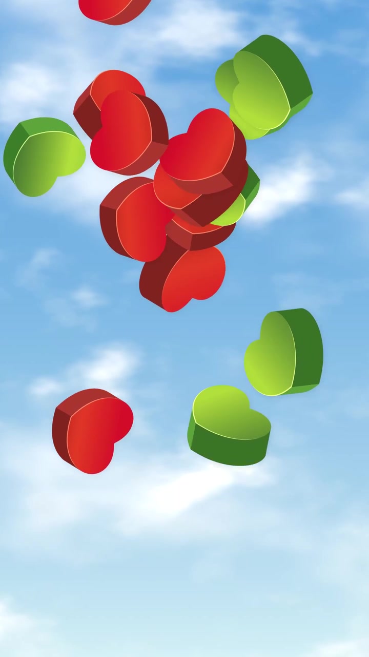 Colorful 3D hearts rain down from above against a bright blue sky with clouds.