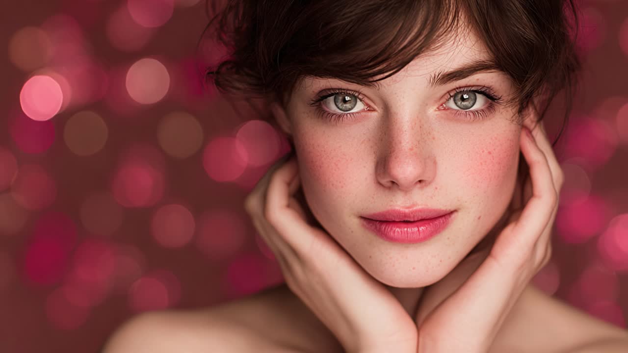 Captivating Portrait of a Young Woman with Natural Makeup Illuminated by Soft Bokeh Background, Exuding Beauty and Elegance in a Dreamy Light Setting
