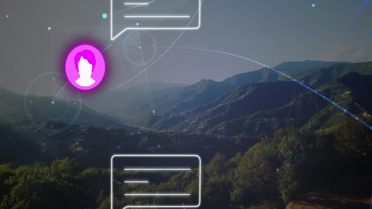 animación de iconos de perfiles y mensajes a través de una red de conexiones contra un paisaje con montañas