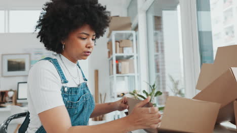 black woman, shipping box and warehouse