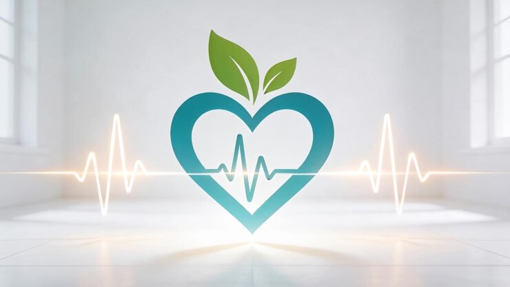 Kloppend hartlogo dat EKG als golfvorm toont, de vloer verlichtend in een minimalistische kamer, met bladeren voor gezondheid.