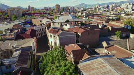 Boom-up-of-the-old-streets-of-Concha-y-Toro-neighborhood-in-the-sunset-of-the-heritage-district-of-Santiago-Chile