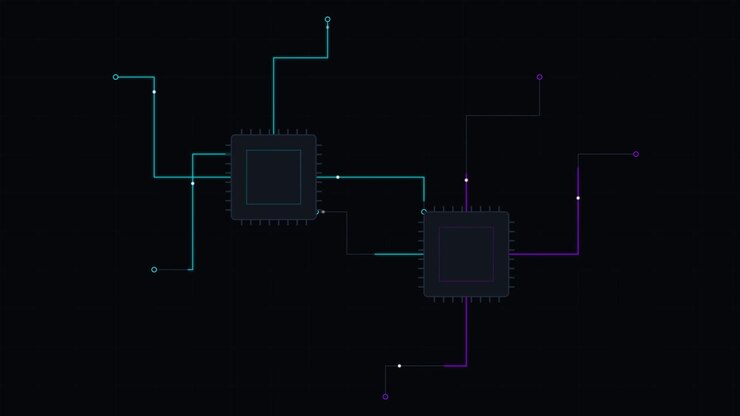 Digital Microchips Connected by Glowing Data Lines on Dark Background