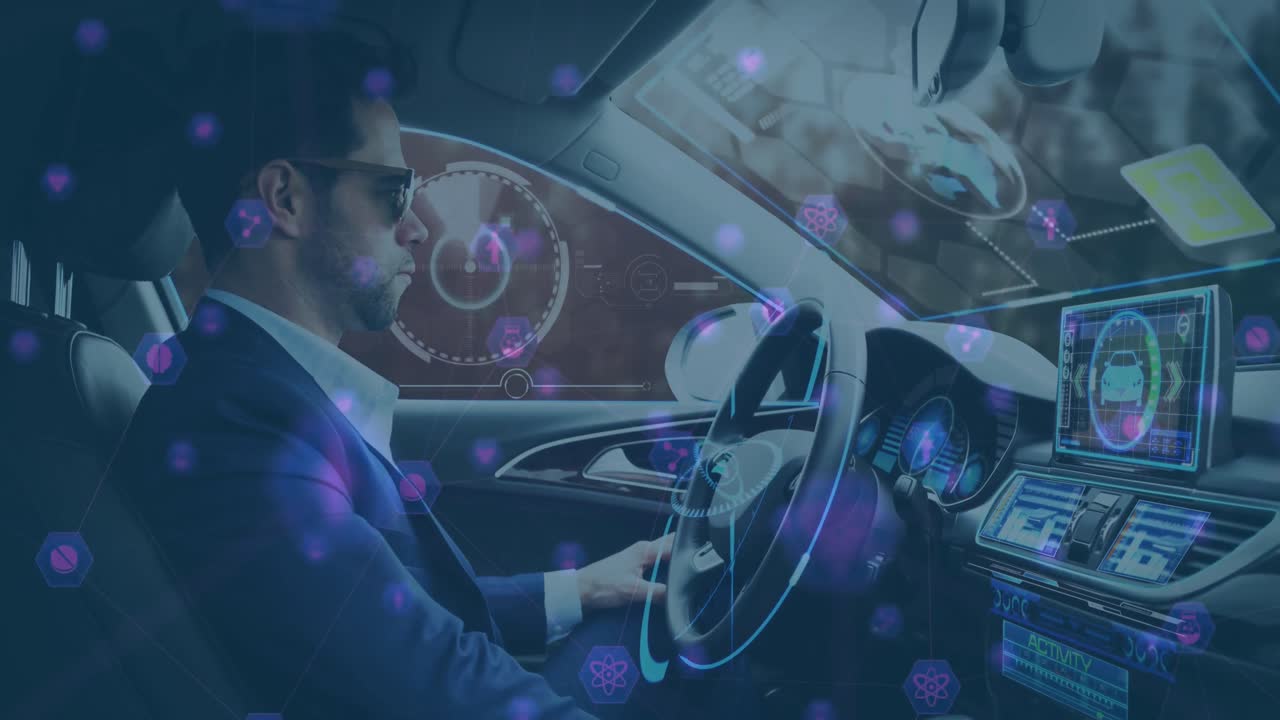 미래의 자율주행 자동차를 운전하는 사람에 대한 디지털 아이콘의 네트워크