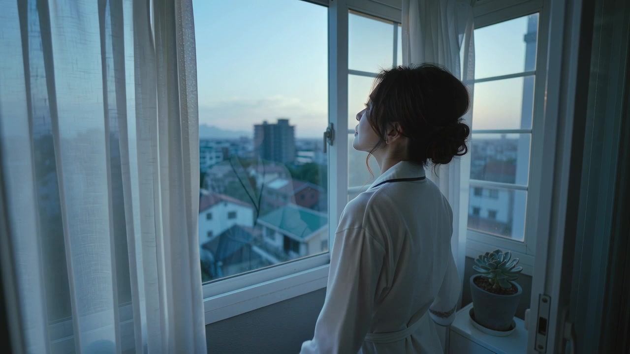 Dawn drawing woman in robe opening curtains at corner window, viewing rooftop, plant, copy space
