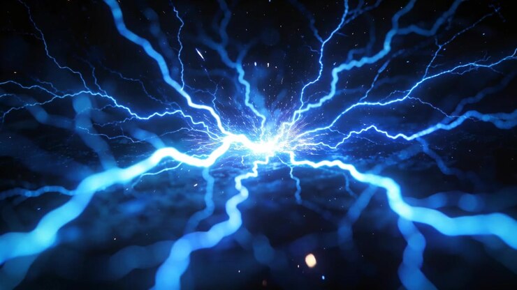Archi blu che si scontrano, causando la pulsazione di un nodo centrale su un piano scuro, con un fulmine frontale che emette scintille.