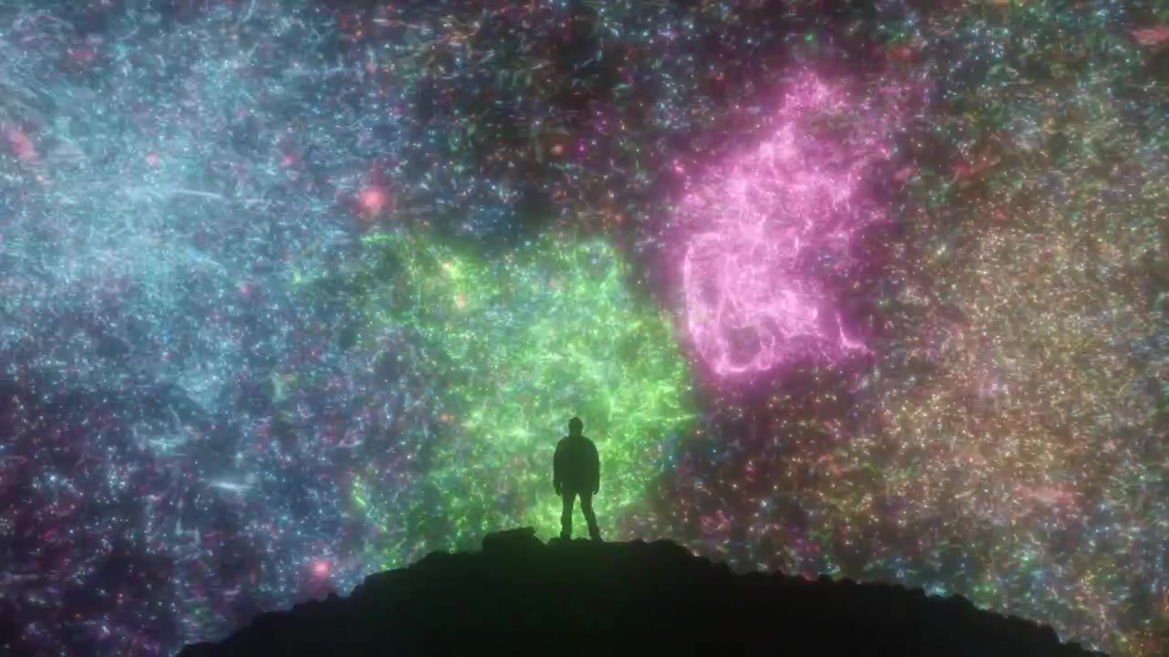 Silueta mužské postavy stojící a vzhlížející na chaotické zářící kosmické částice. Koncepty objevu, astronomie, průzkumu vesmíru, lidské nepatrnosti, spirituality a budoucí technologie.