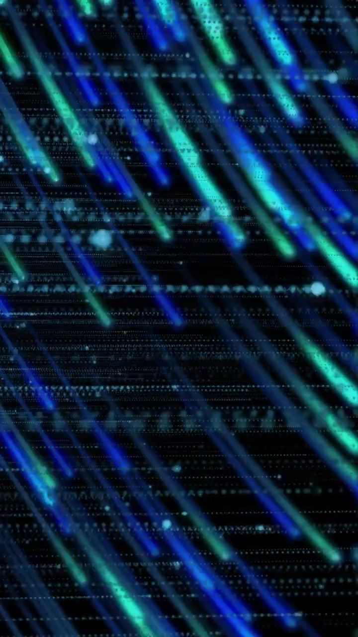 Vertical video: Top-left burst sending cyan streaks sliding down-right over dot-grid, showing data