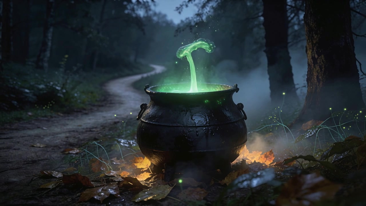 Embers heating cast-iron cauldron, boiling green brew and rising vapor in forest clearing at dusk