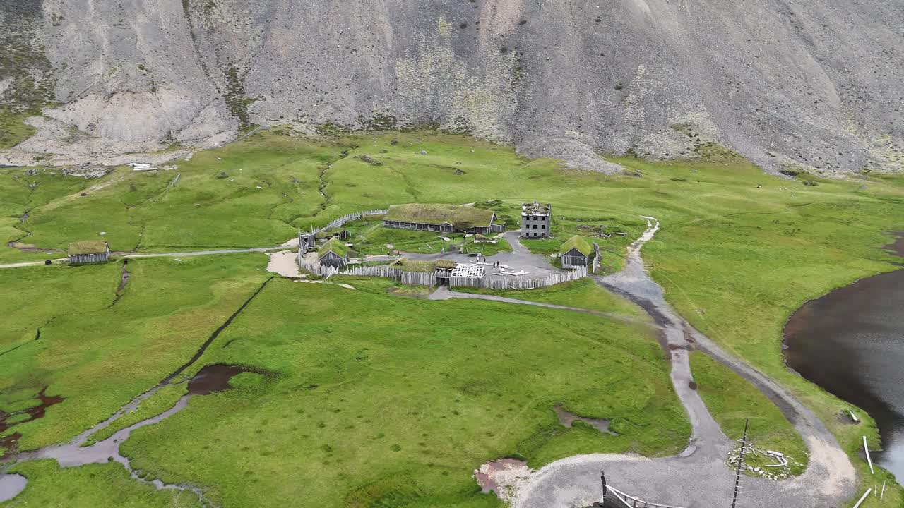 Viking Village Settlement and Wooden Structures in Iceland’s Green Valley in aerial shot