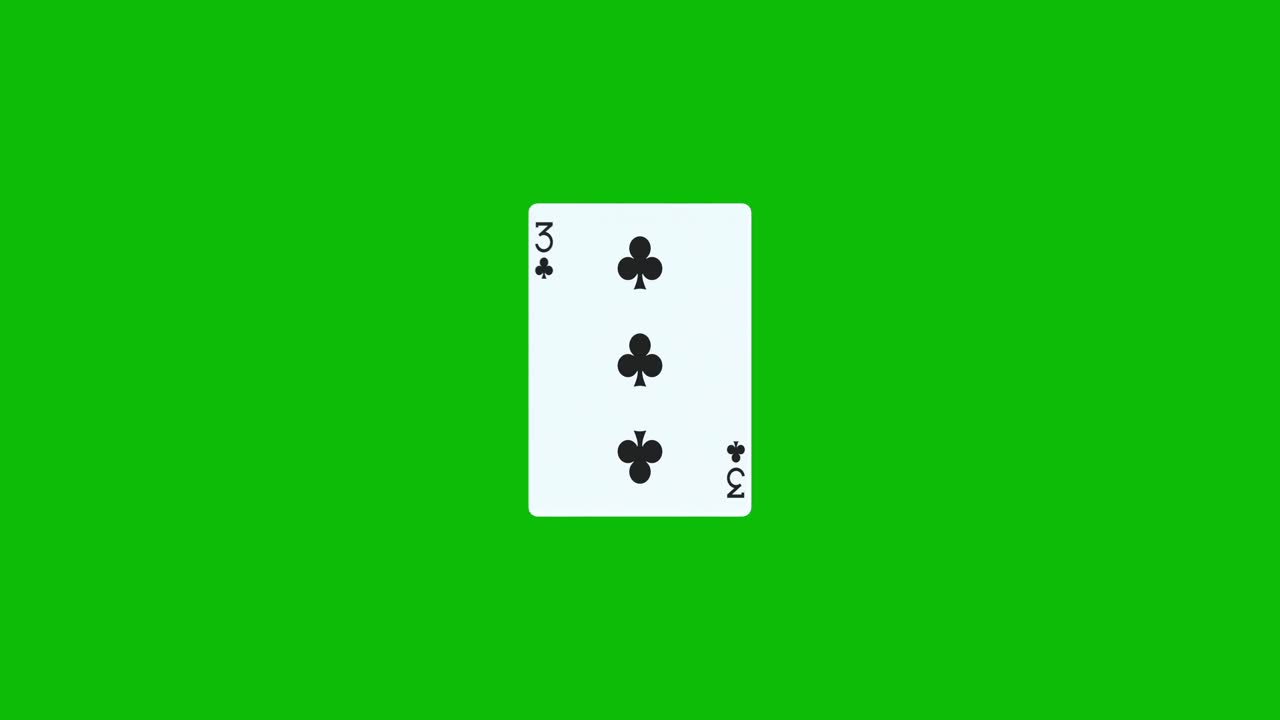 Three of clubs poker card spins and reveals on green screen, 3D animation. You can adjust the timing of the clip to control the reveal effect