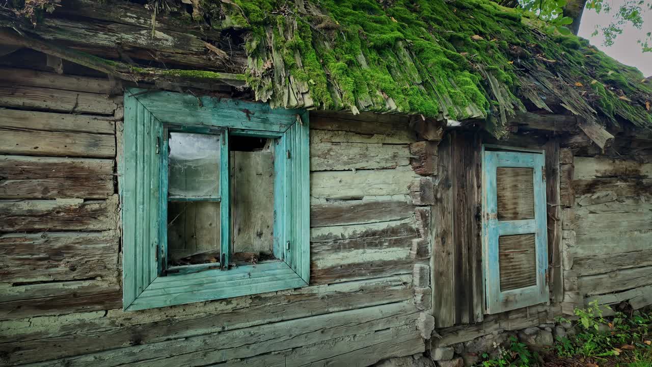 Derelict desolate bleak rustic wooden cottage with rotting moss roof