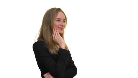 Focused-business-woman-in-a-navy-blue-suit-reflects-on-business-strategy