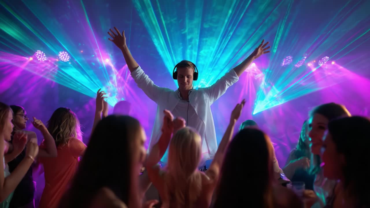 Performance energica di un DJ: una notte di ritmi pulsanti, luci vivaci ed euforia danzante mentre la folla balla, abbandonandosi all'emozione di un'indimenticabile atmosfera da party