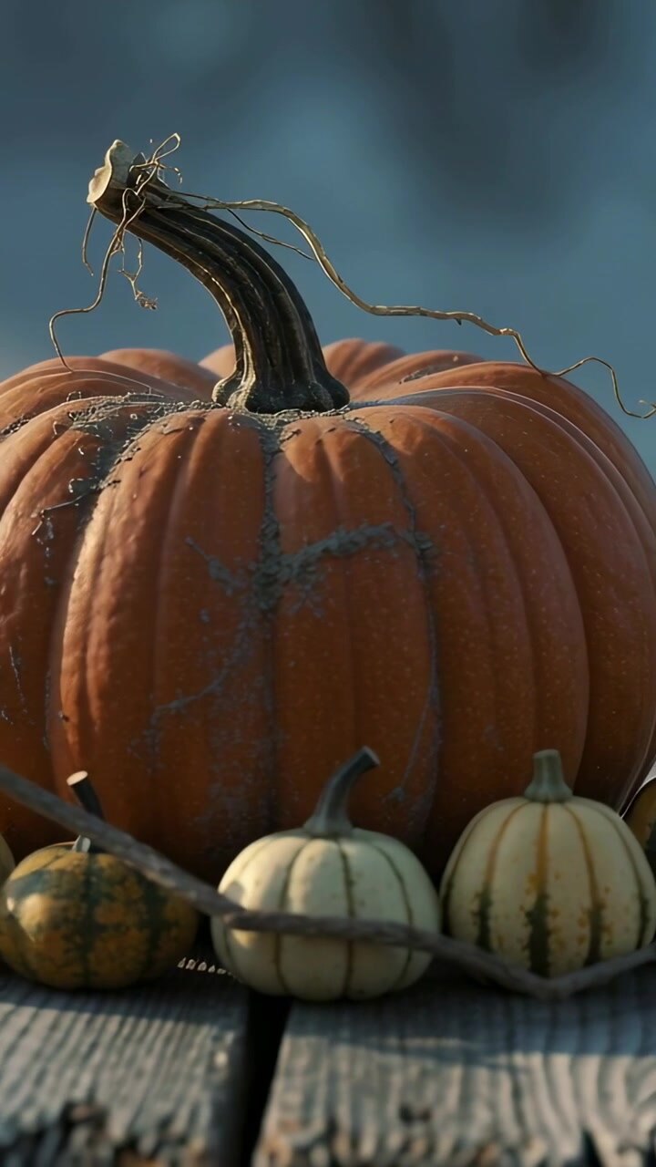 Vertical video: Pushing camera showing big orange pumpkin on worn deck with gourds