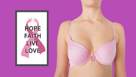 animación de texto de concientización sobre el cáncer de mama con una mujer caucásica con ropa interior rosa