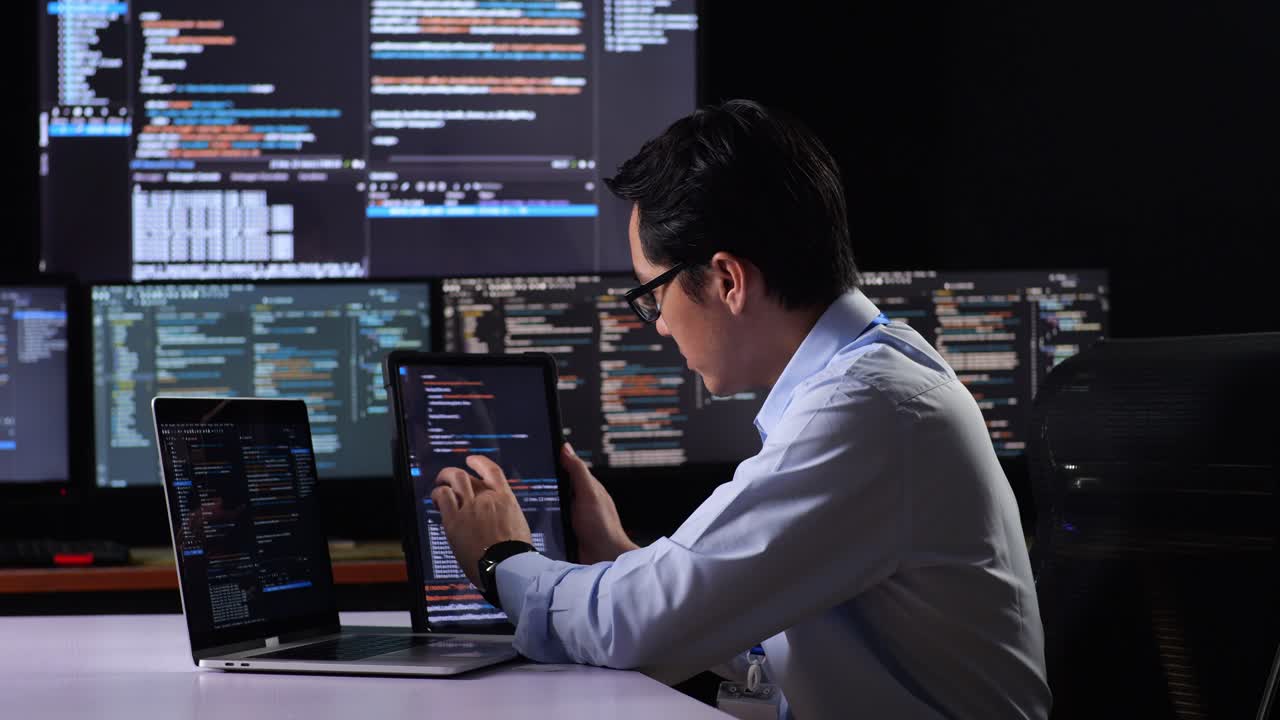 사무실에서 늦은 밤까지 일하는 프로그래머