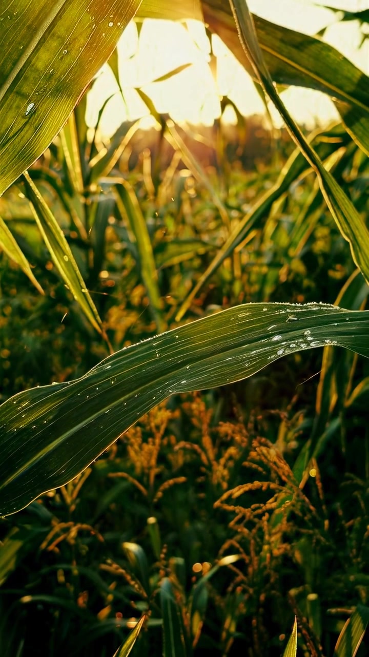 Close-up of Corn Leaves with Morning Dew and Golden Sunlight