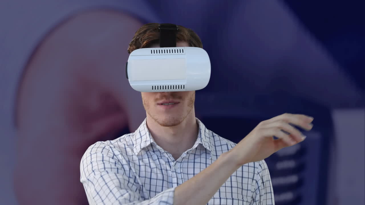 animación de un hombre caucásico con auriculares vr sobre el terminal de pago en el fondo