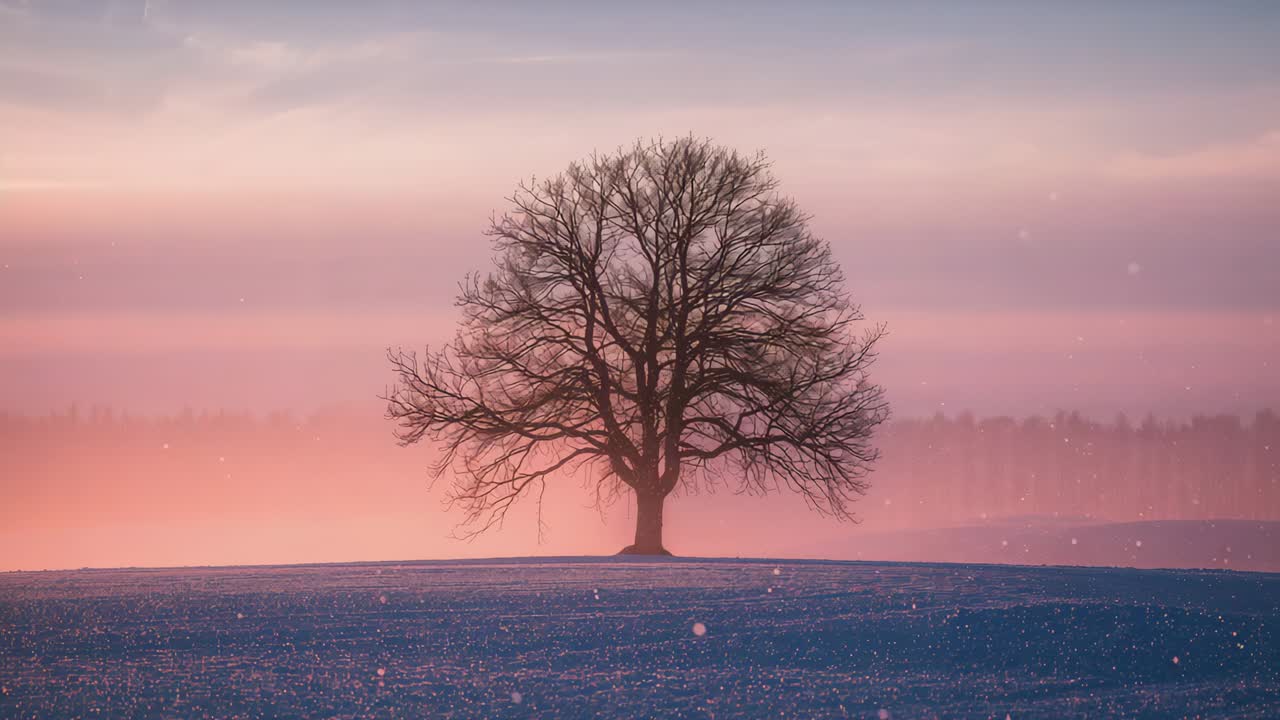 Shifting dawn light warming, bare tree darkening against frost field, misty pink sky