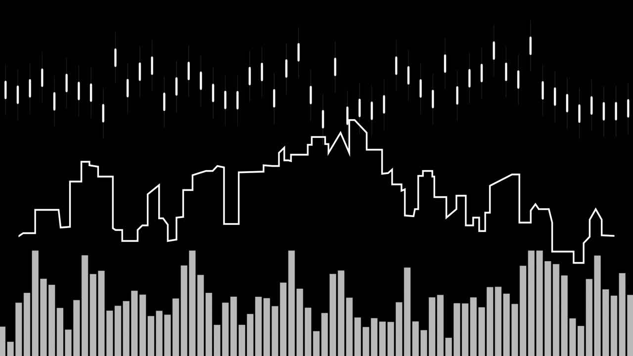 Animation of moving white columns over cityscape on black background