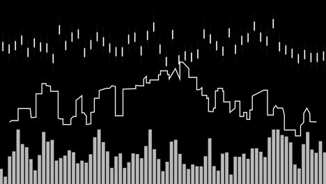 Animation-of-moving-white-columns-over-cityscape-on-black-background