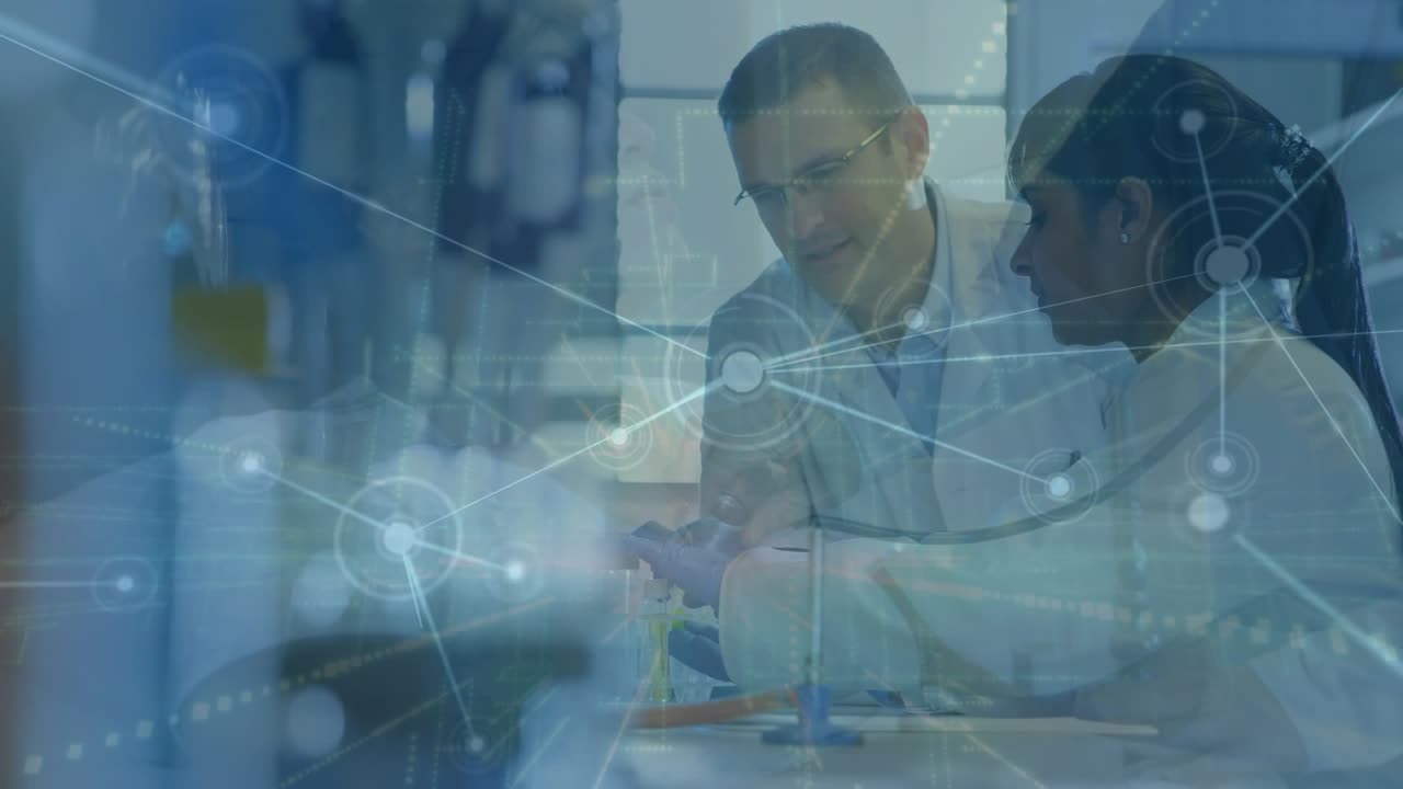 Animation of dots connected with lines over multiracial scientists discussing in laboratory