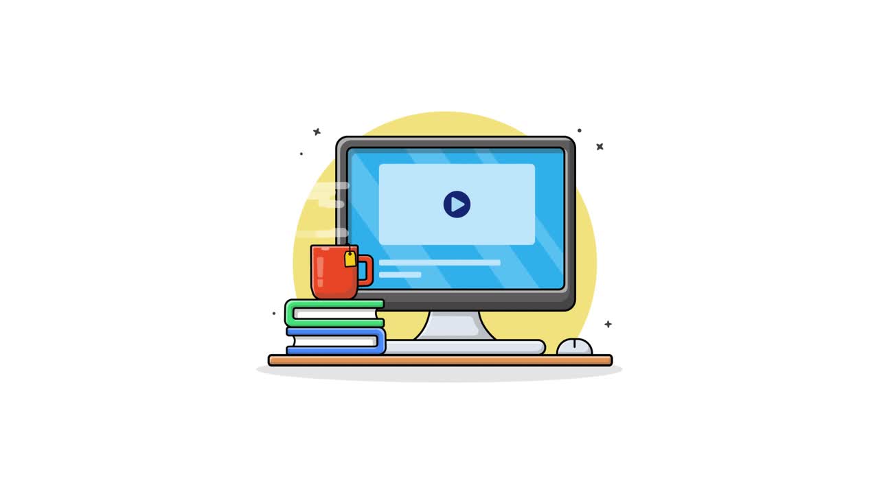 Animated Desktop Computer Setup with Books and Video Player