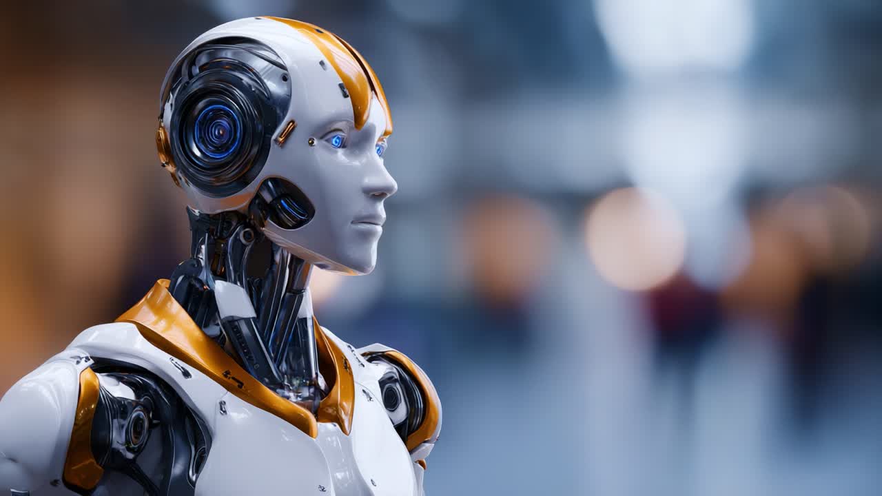 Robot umanoide futuristico che mostra tecnologia avanzata con un design elegante, dettagli intricati e un volto espressivo, ambientato in un ambiente urbano moderno