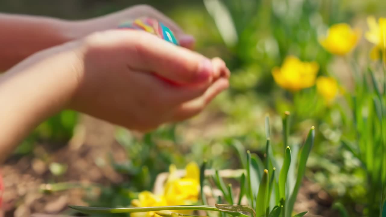 Young hands delicately presenting vibrant painted easter egg amid blooming yellow daffodils in sunlit spring garden, symbolizing seasonal joy and childhood celebration