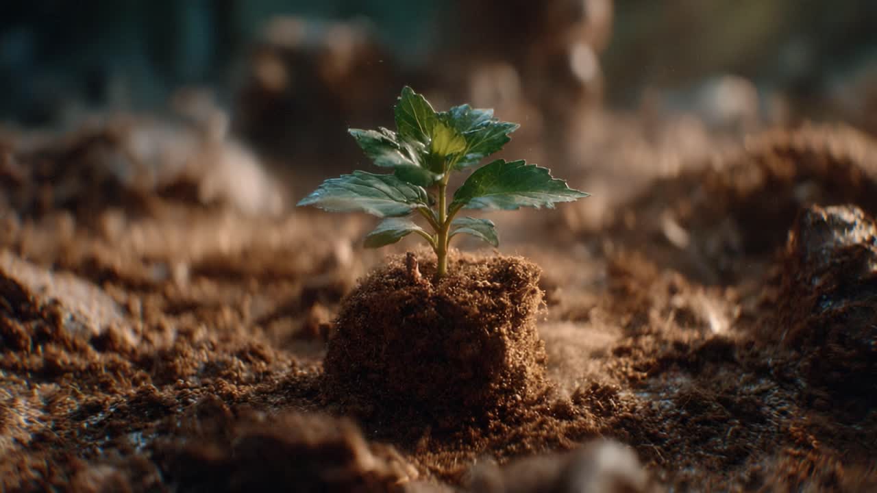 A Resilient Plant Takes Root in Rich Soil, Symbolizing Growth and Renewal in Nature's Embrace Amidst a Tranquil Earthy Landscape