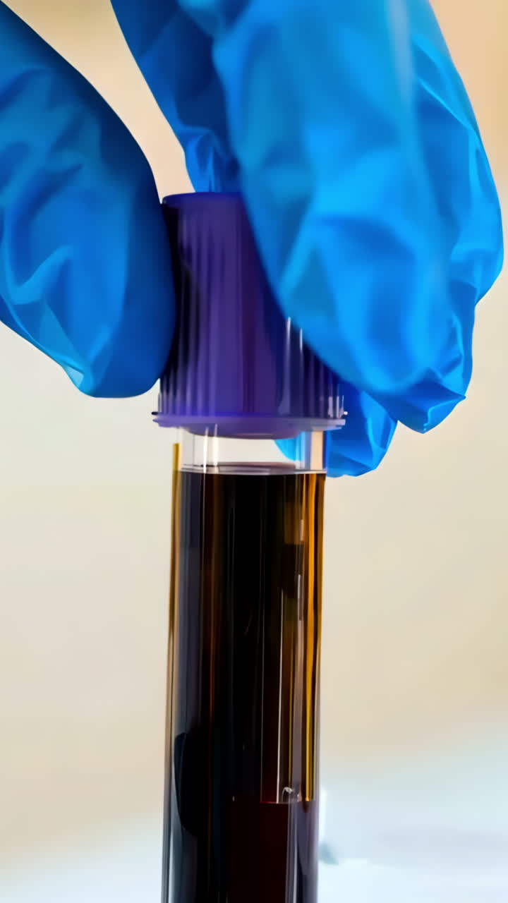 A person is holding a blood sample in a blue glove