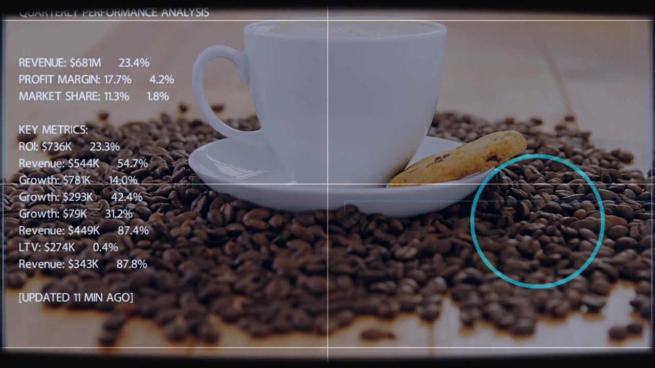Início, xícara branca com biscoito sobre grãos de café, métricas de negócios deslizando, destaque ciano circulando