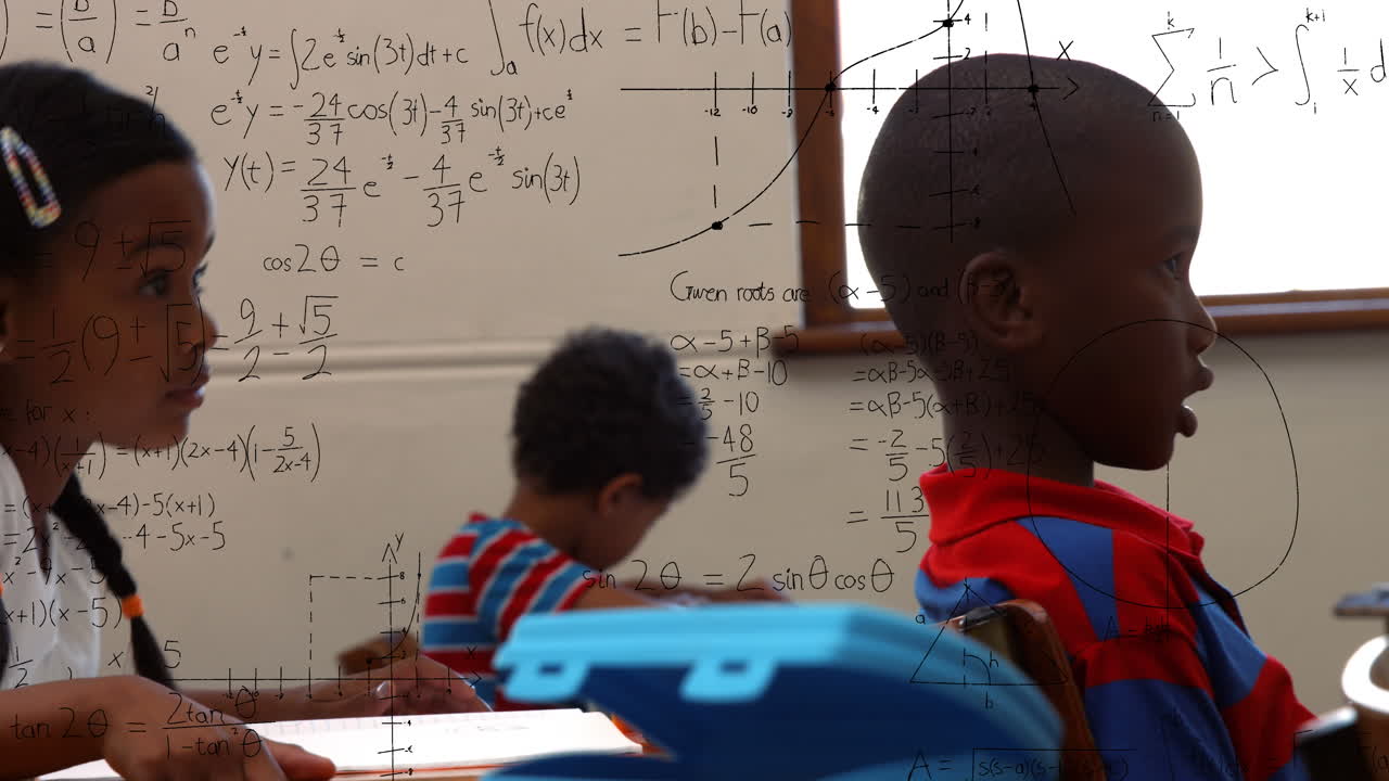 Animation of math formulas over african american children learning at school