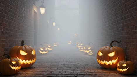 a spooky alleyway illuminated with sinister jack-o'-lanterns in festive halloween spirit, creating a chilling yet enchanting atmosphere perfect for october nights