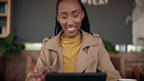 Thinking,-cafe-and-black-woman-with-a-tablet