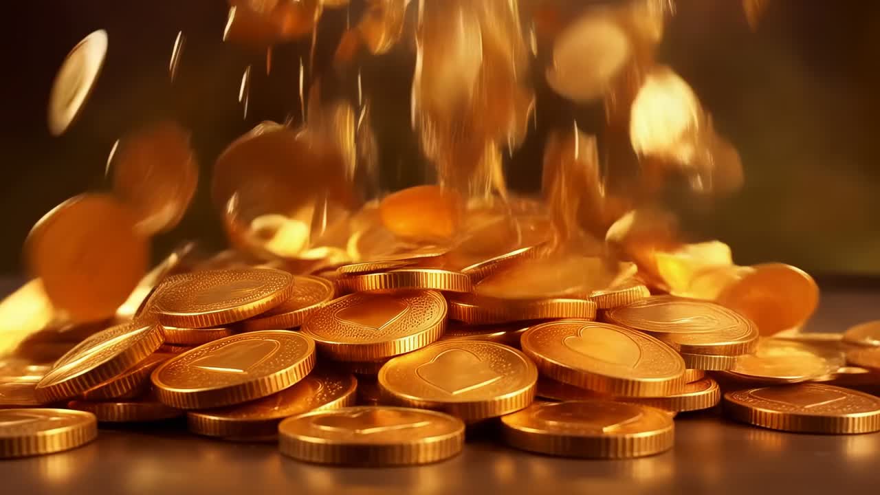 Dropping gold coins cascading from above, striking dark tabletop, building heart-emblemmed mound
