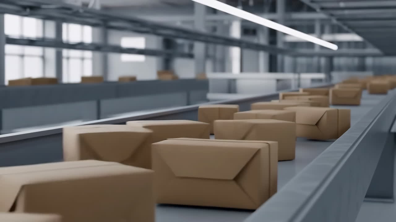 Packages Moving on a Conveyor Belt in an Automated Warehouse