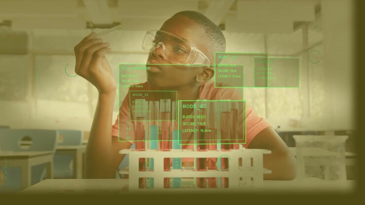 Male student reaching pipette, measuring test-tube liquids at desk, HUD panels updating for science