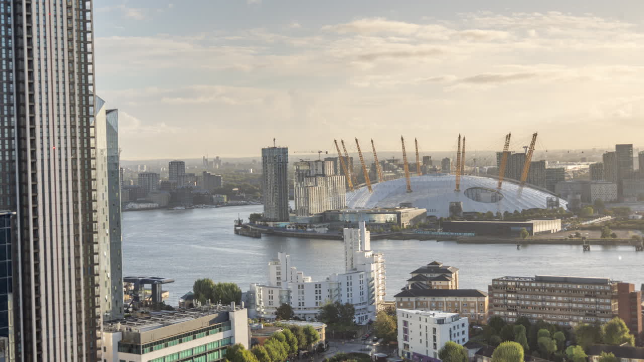 o2 아레나와 함께 런던의 도크랜드의 공중 풍경