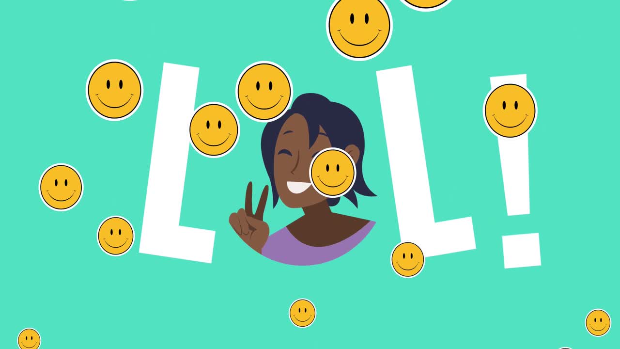 초록색 배경에 에모지 아이콘이 있는 lol 텍스트와 행복한 여성의 애니메이션