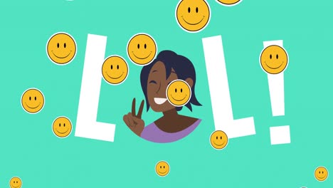 Animation-Von-Lol-Text-Und-Glücklicher-Frau-Mit-Emoji-Symbolen-Auf-Grünem-Hintergrund