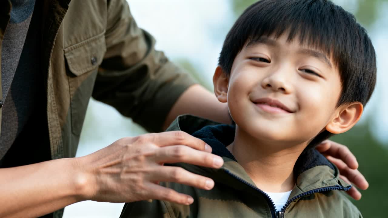 Reaching adult in olive jacket adjusting child's green zip-up in park, smoothing zipper for comfort