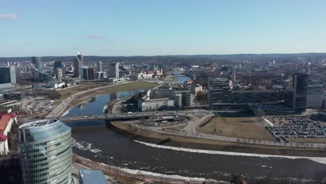 aerial: river neris in vilnius with bridge over water and beautiful blue sky