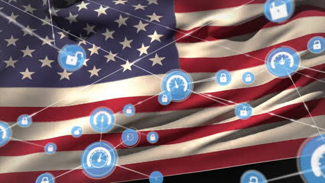 animation of network of connections with digital icons over flag of usa